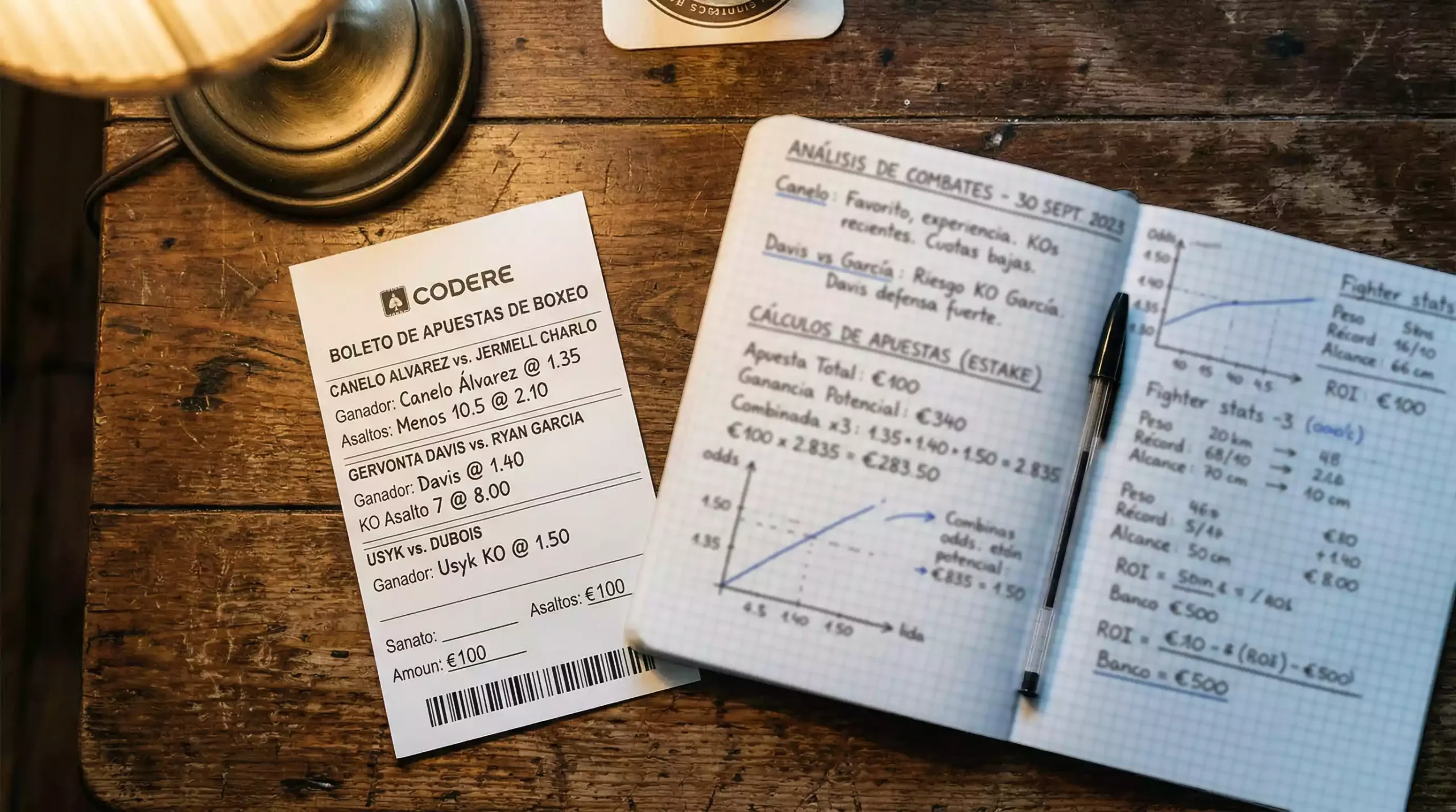 Boleto de apuestas deportivas sobre una mesa junto a un cuaderno con anotaciones y un bolígrafo