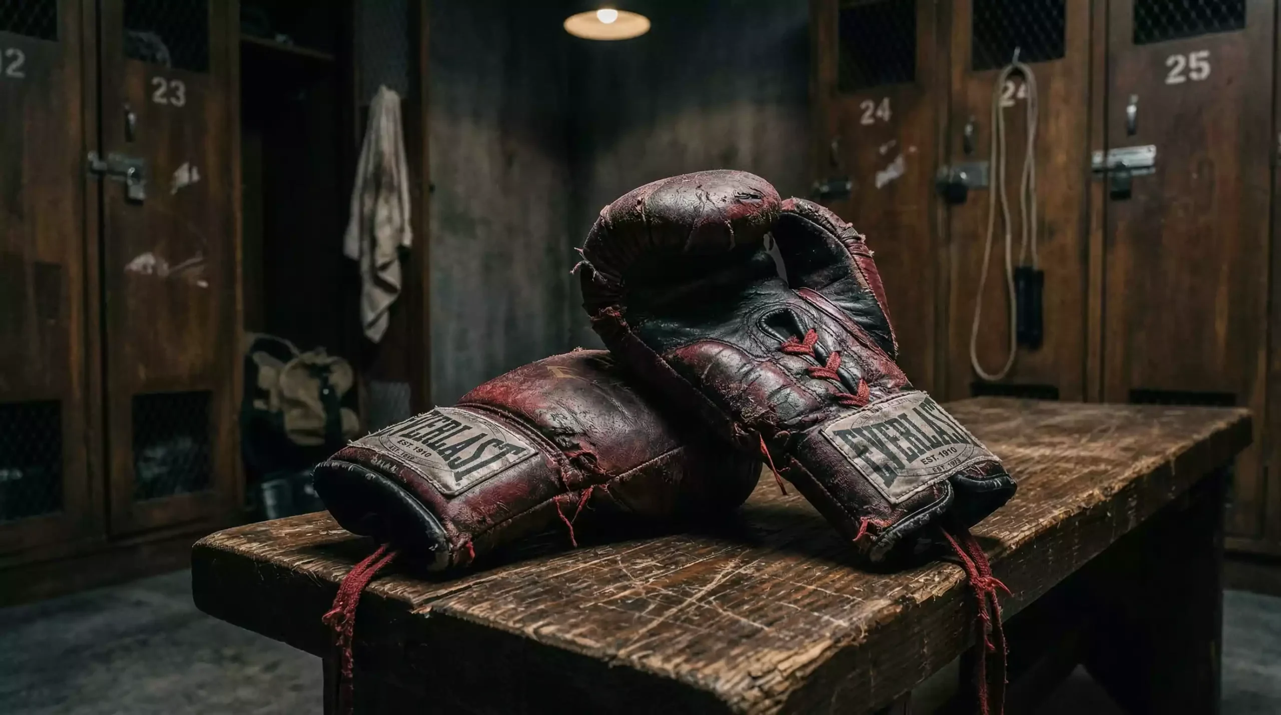 Guantes de boxeo desgastados y rotos sobre un banco de vestuario de gimnasio con luz tenue