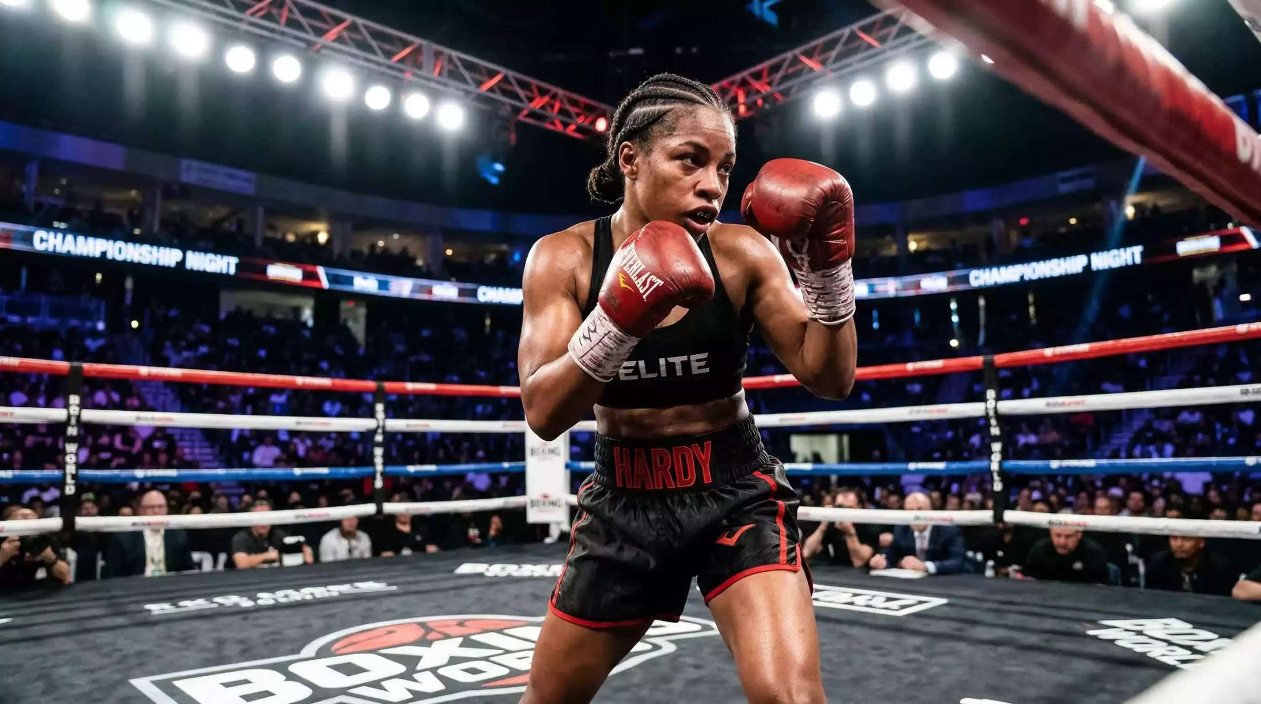Boxeadora profesional con guantes rojos en posición de guardia dentro de un ring iluminado