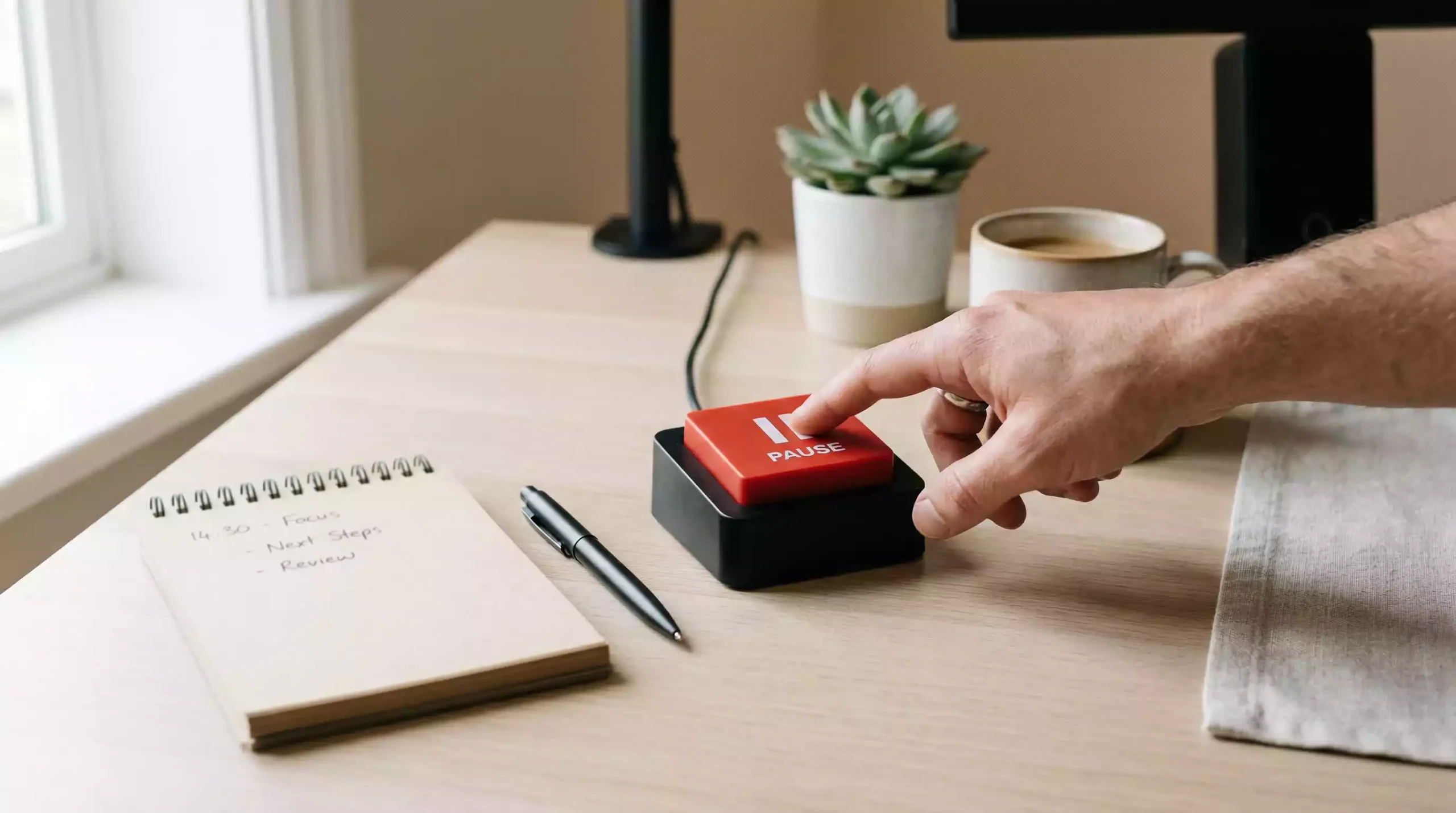 Mano presionando un botón de pausa sobre una mesa ordenada con un cuaderno y un bolígrafo