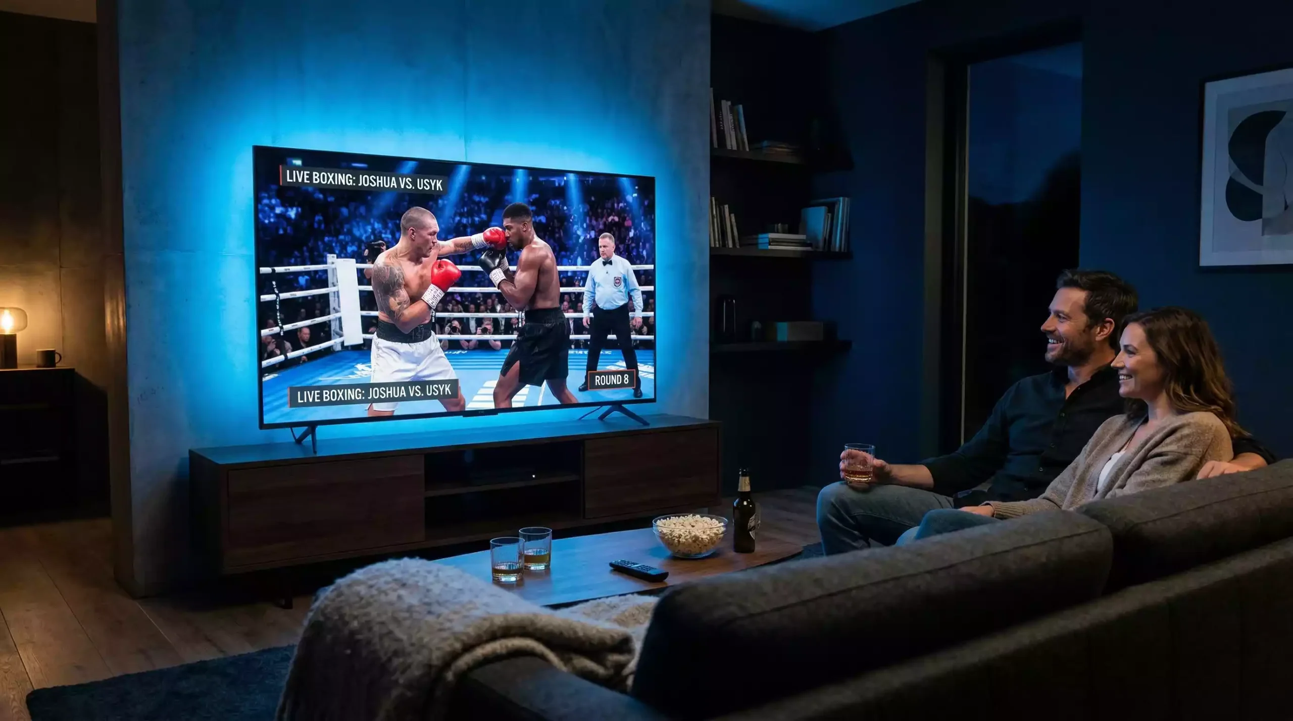Televisor de pantalla grande mostrando un combate de boxeo en una sala de estar moderna oscura