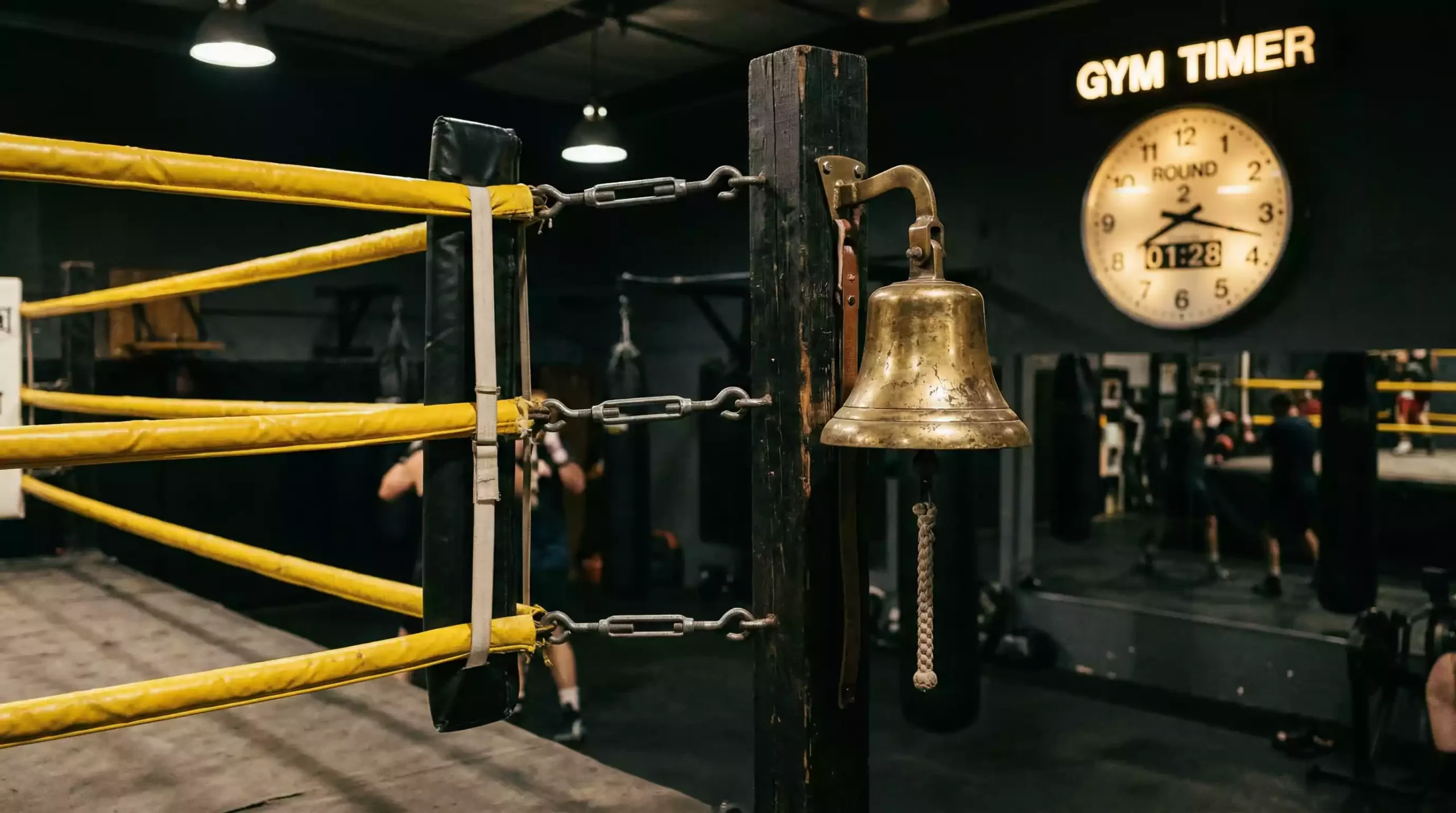 Campana de ring de boxeo con cuerdas tensadas y reloj de asaltos visible al fondo