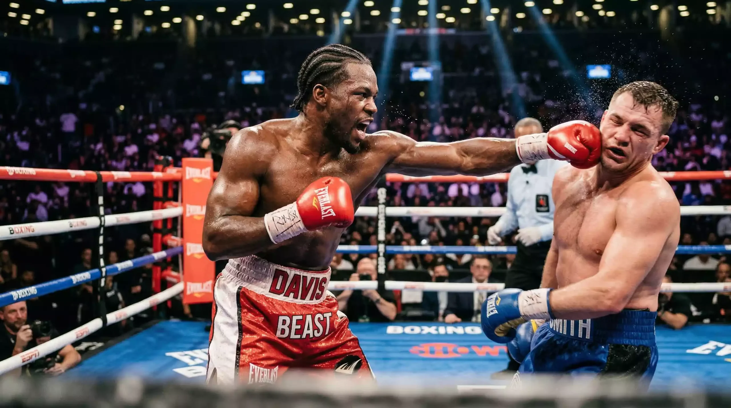 Boxeador peso pesado lanzando un gancho de derecha en un ring profesional con público de fondo
