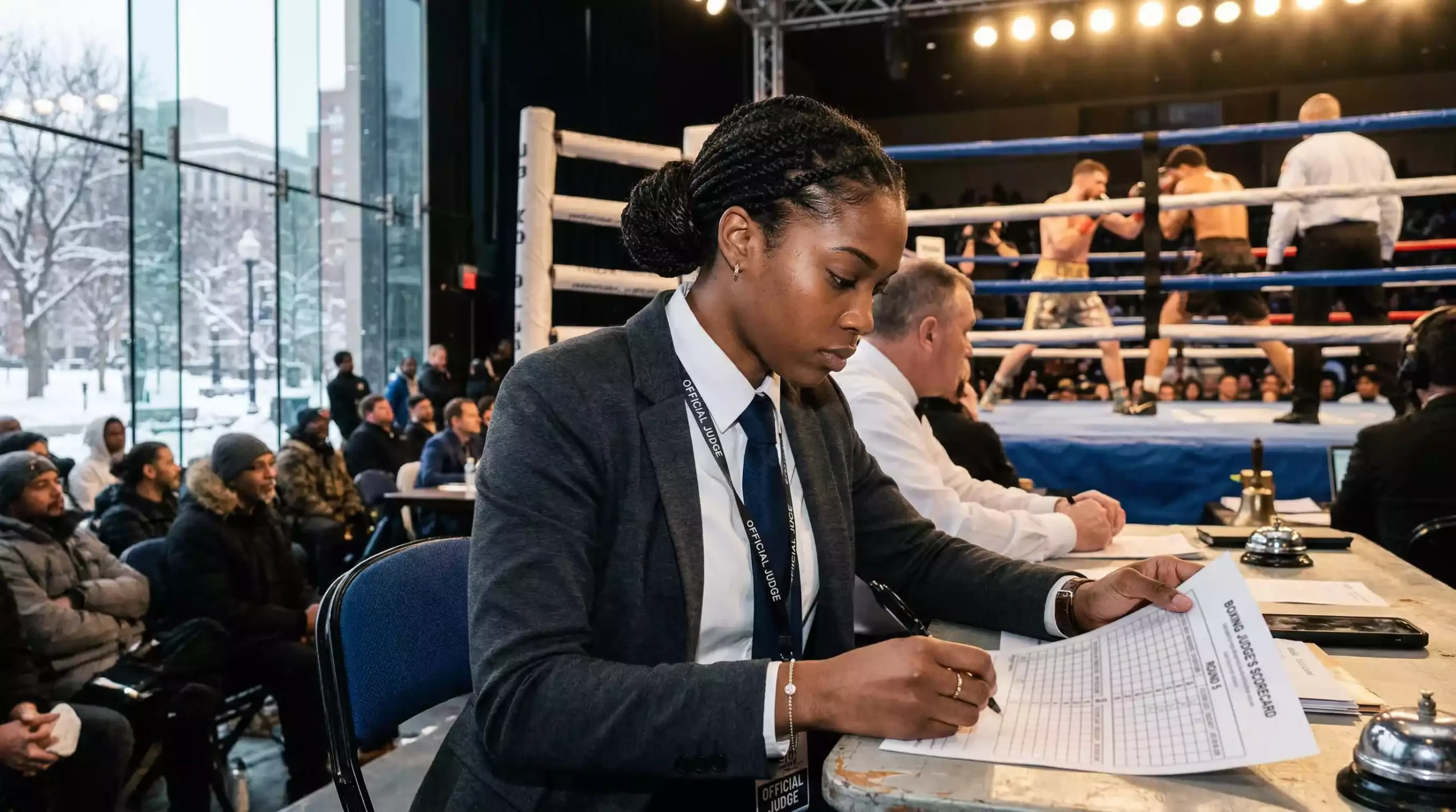 Juez de boxeo sentado en su mesa junto al ring sosteniendo una tarjeta de puntuación y un bolígrafo