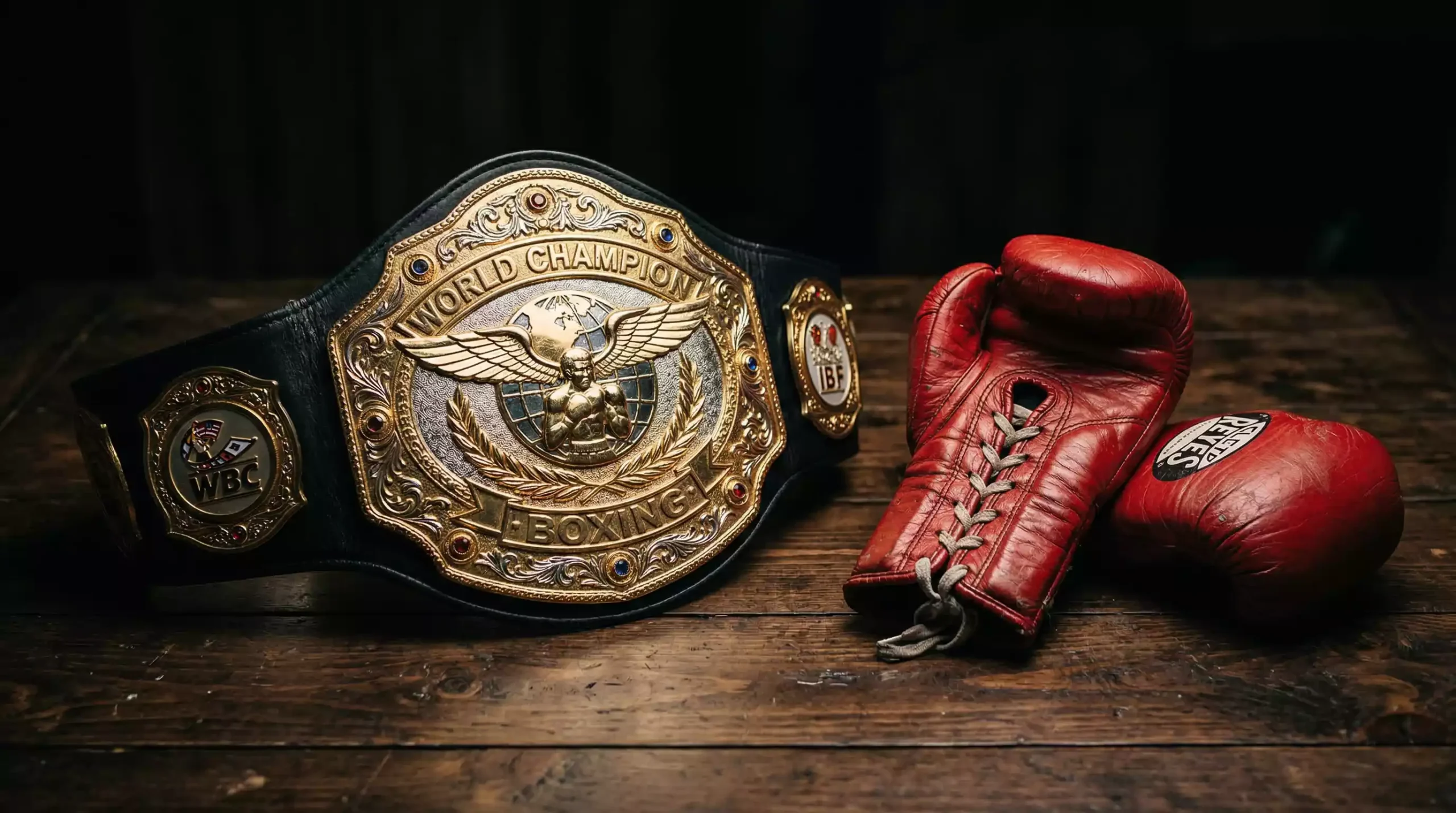 Cinturón de campeón mundial de boxeo dorado sobre una mesa oscura junto a guantes de boxeo rojos