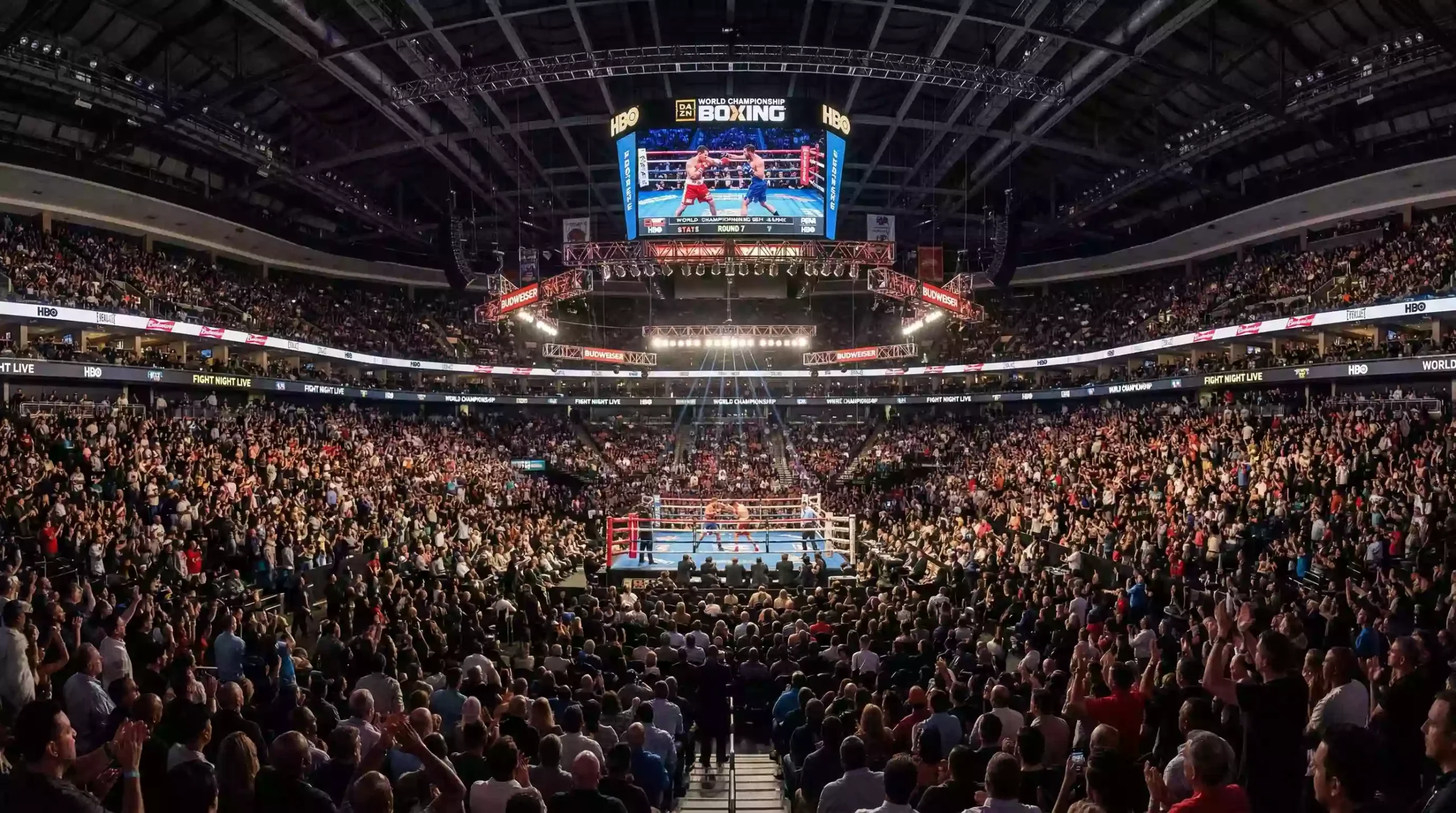 Vista panorámica de una gran arena de boxeo llena de espectadores con el ring iluminado en el centro