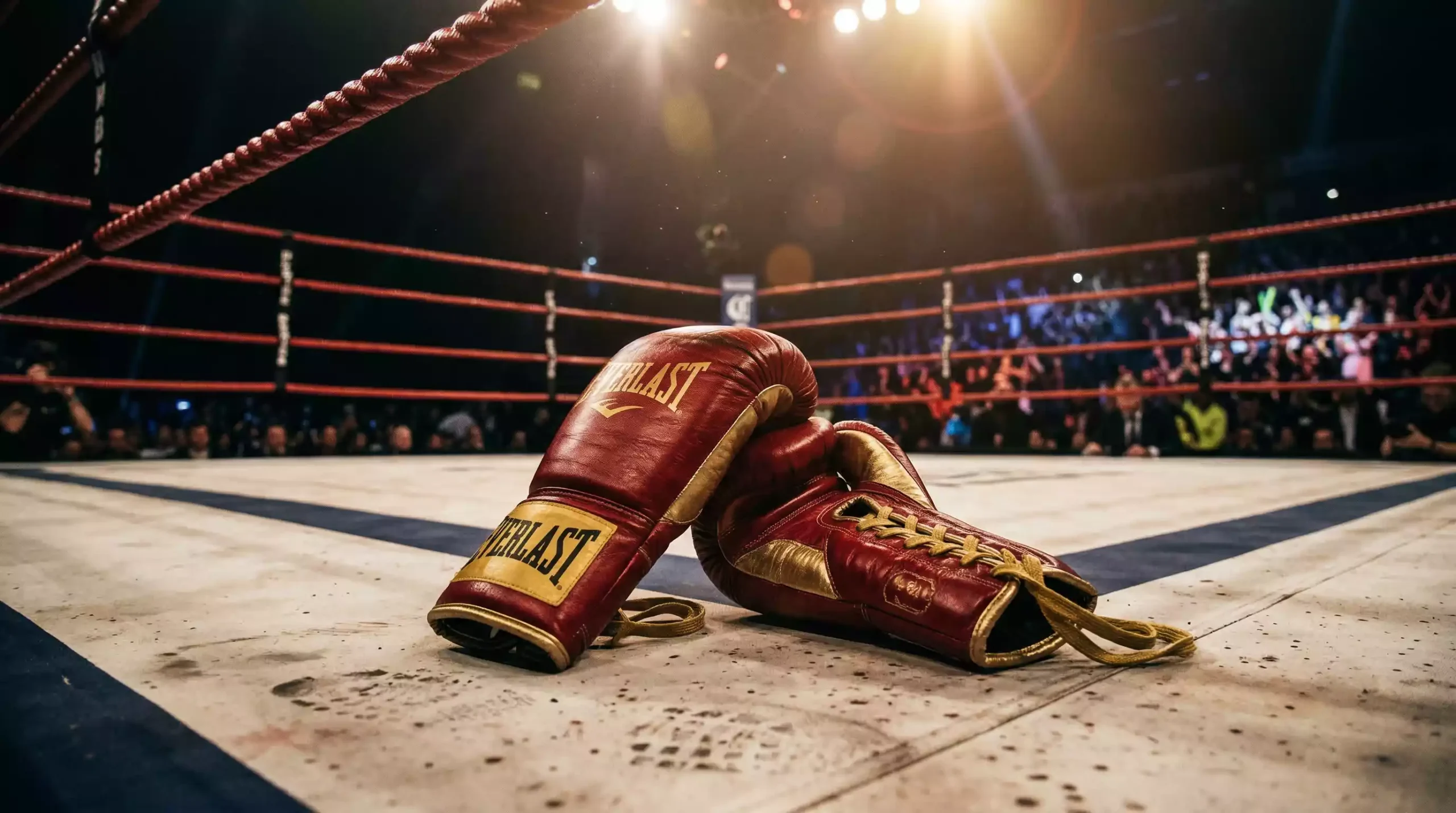 Guantes de boxeo rojos y dorados sobre un ring profesional con iluminación dramática de arena