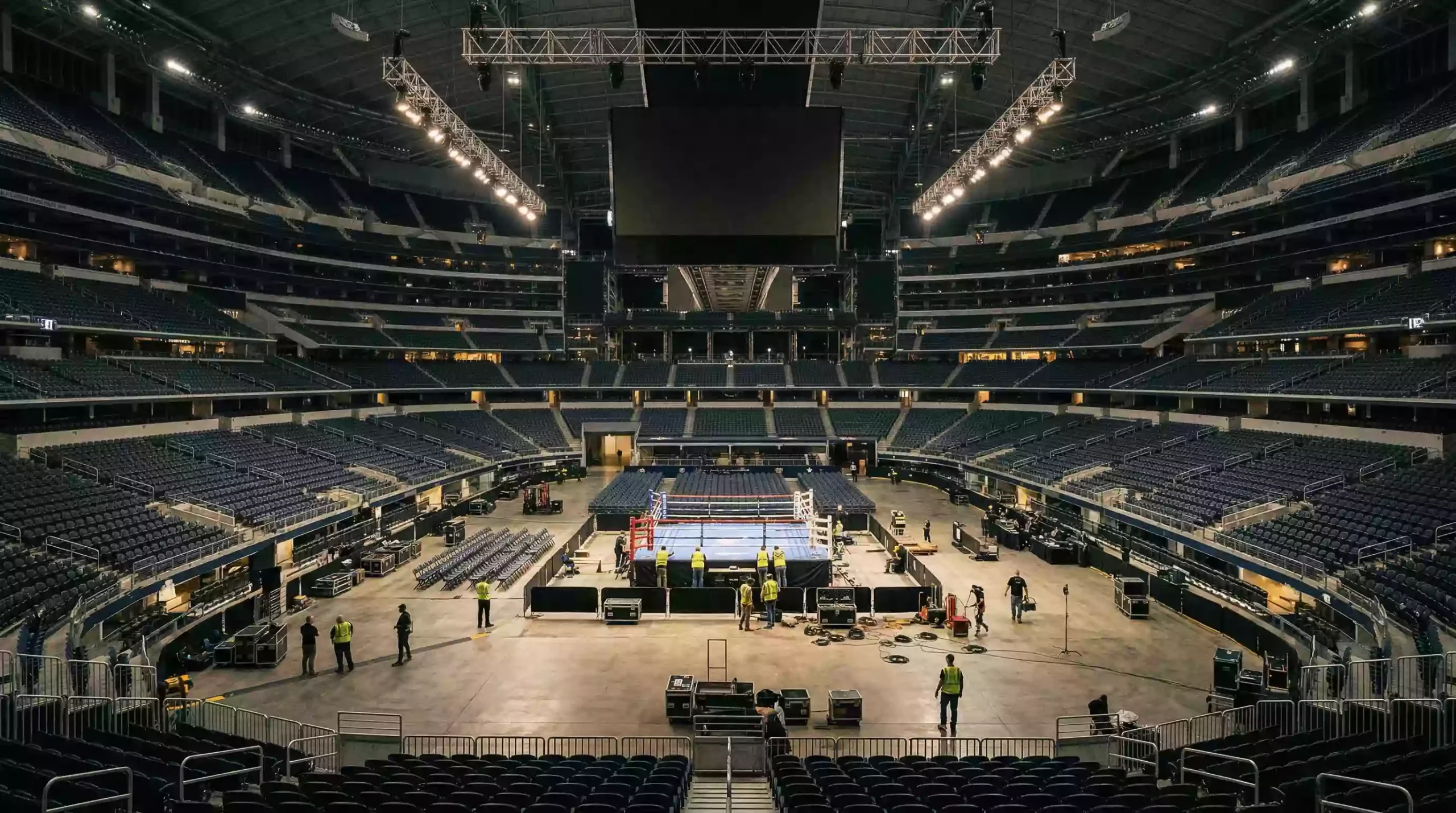 Arena deportiva moderna con capacidad masiva preparada para un evento de boxeo nocturno