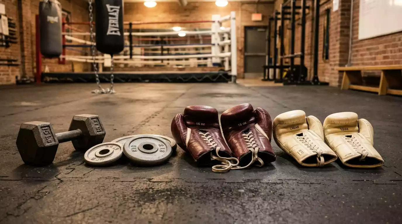 Báscula de pesaje profesional de boxeo sobre una lona de ring con guantes de diferentes tamaños al lado