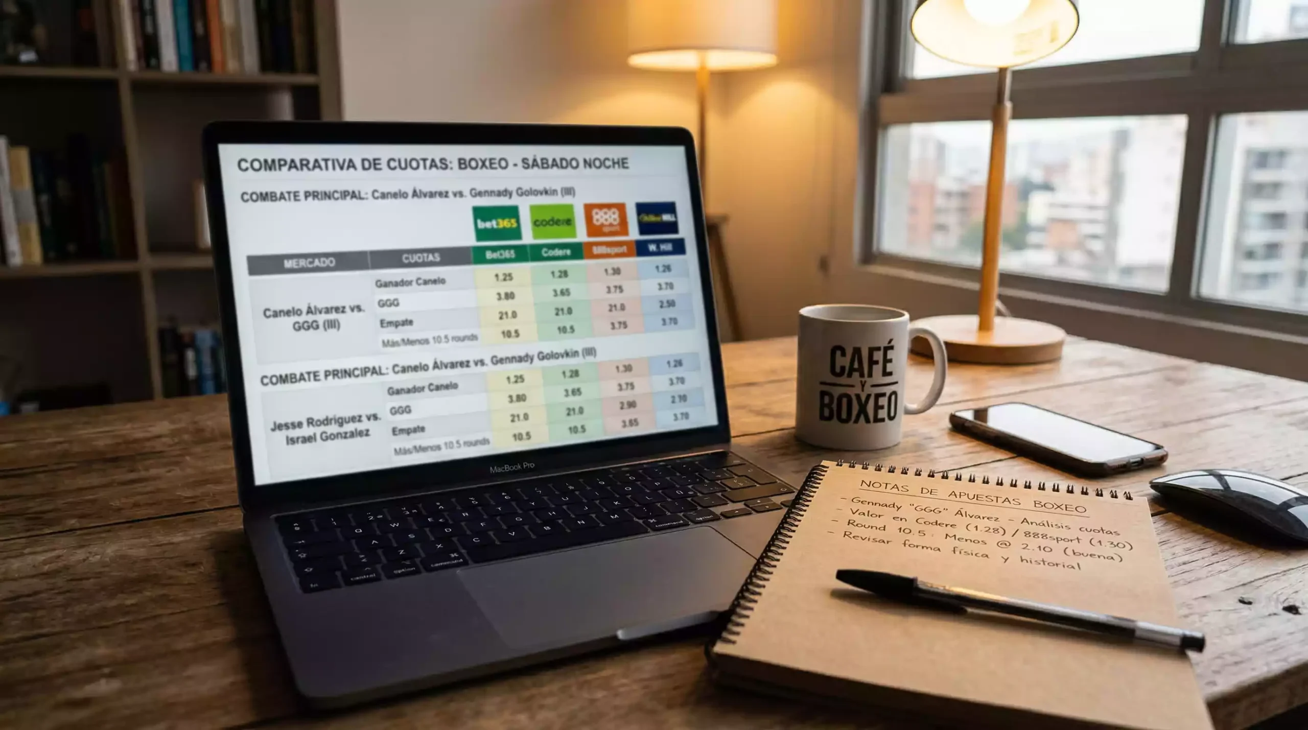 Pantalla de portátil mostrando tablas de cuotas deportivas en un escritorio con libreta de notas
