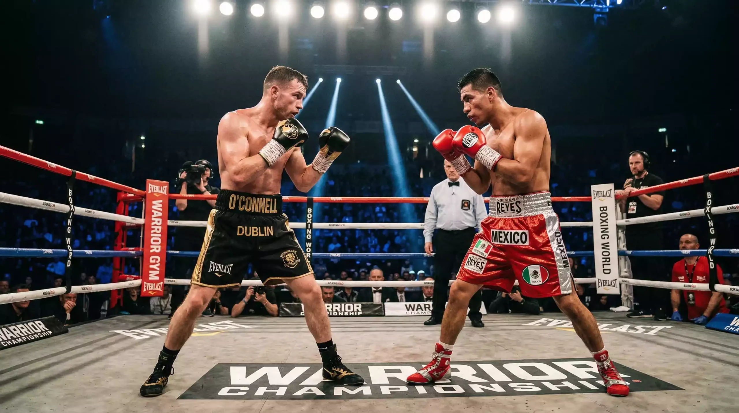 Dos boxeadores en posiciones de guardia diferentes frente a frente en un ring profesional iluminado