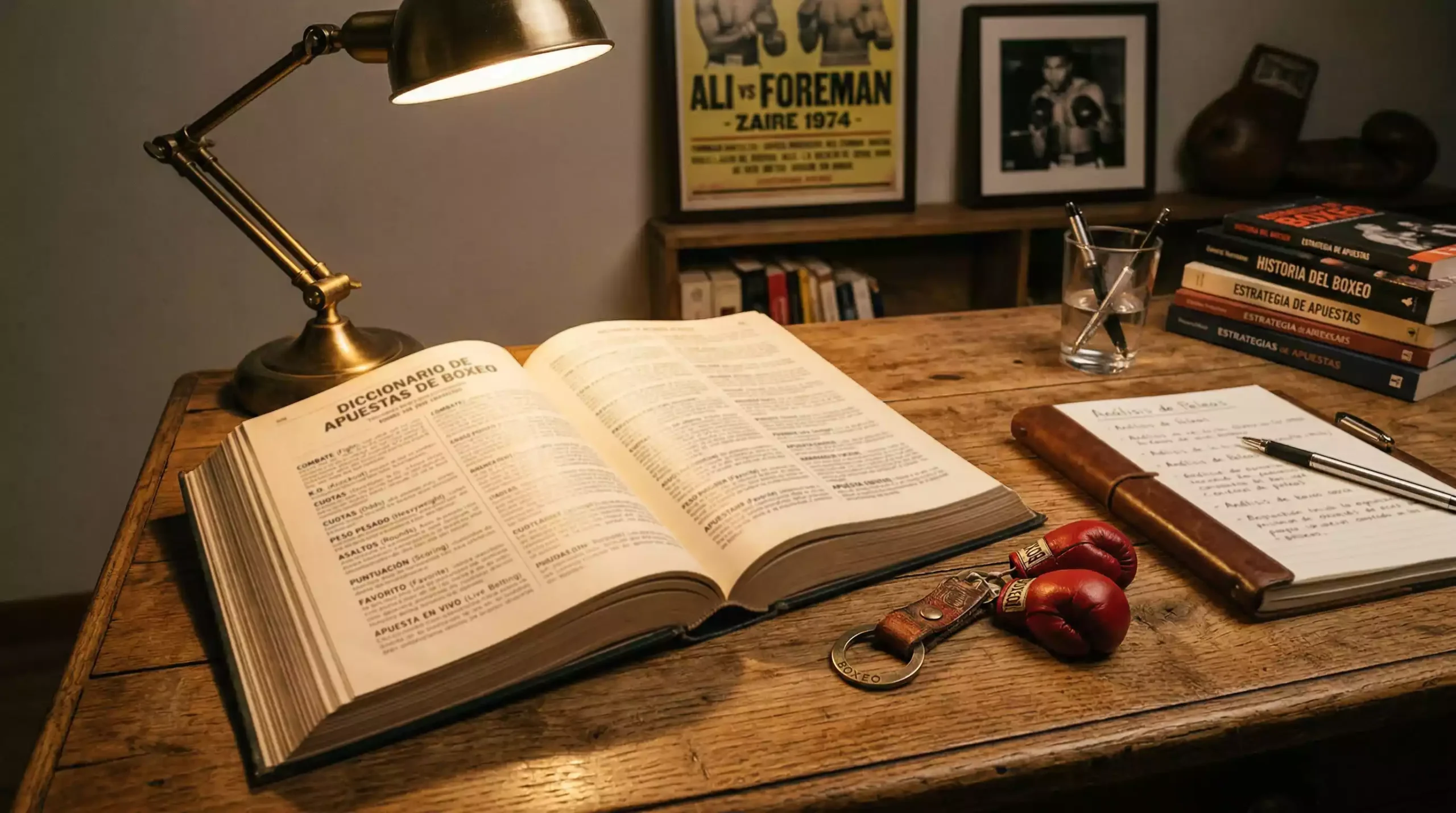 Diccionario abierto sobre una mesa de madera junto a unos guantes de boxeo pequeños de recuerdo