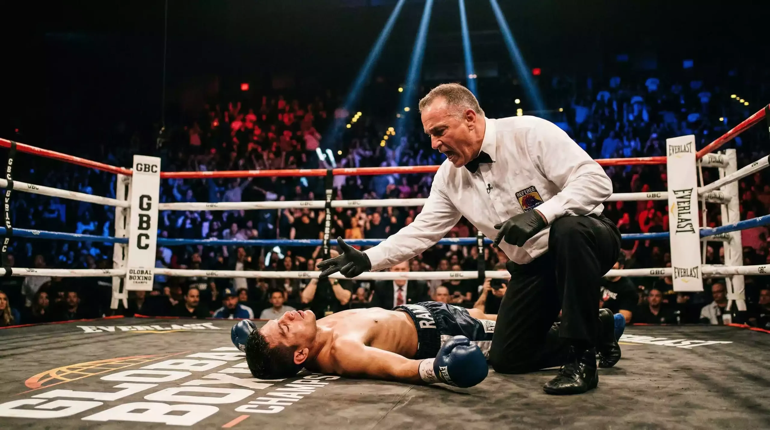 Árbitro de boxeo contando sobre un boxeador caído en la lona de un ring profesional