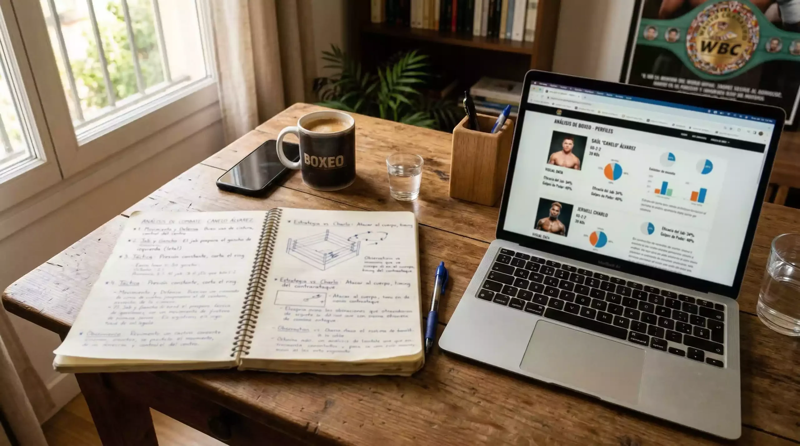 Cuaderno abierto con anotaciones de análisis deportivo junto a un portátil mostrando datos de boxeo