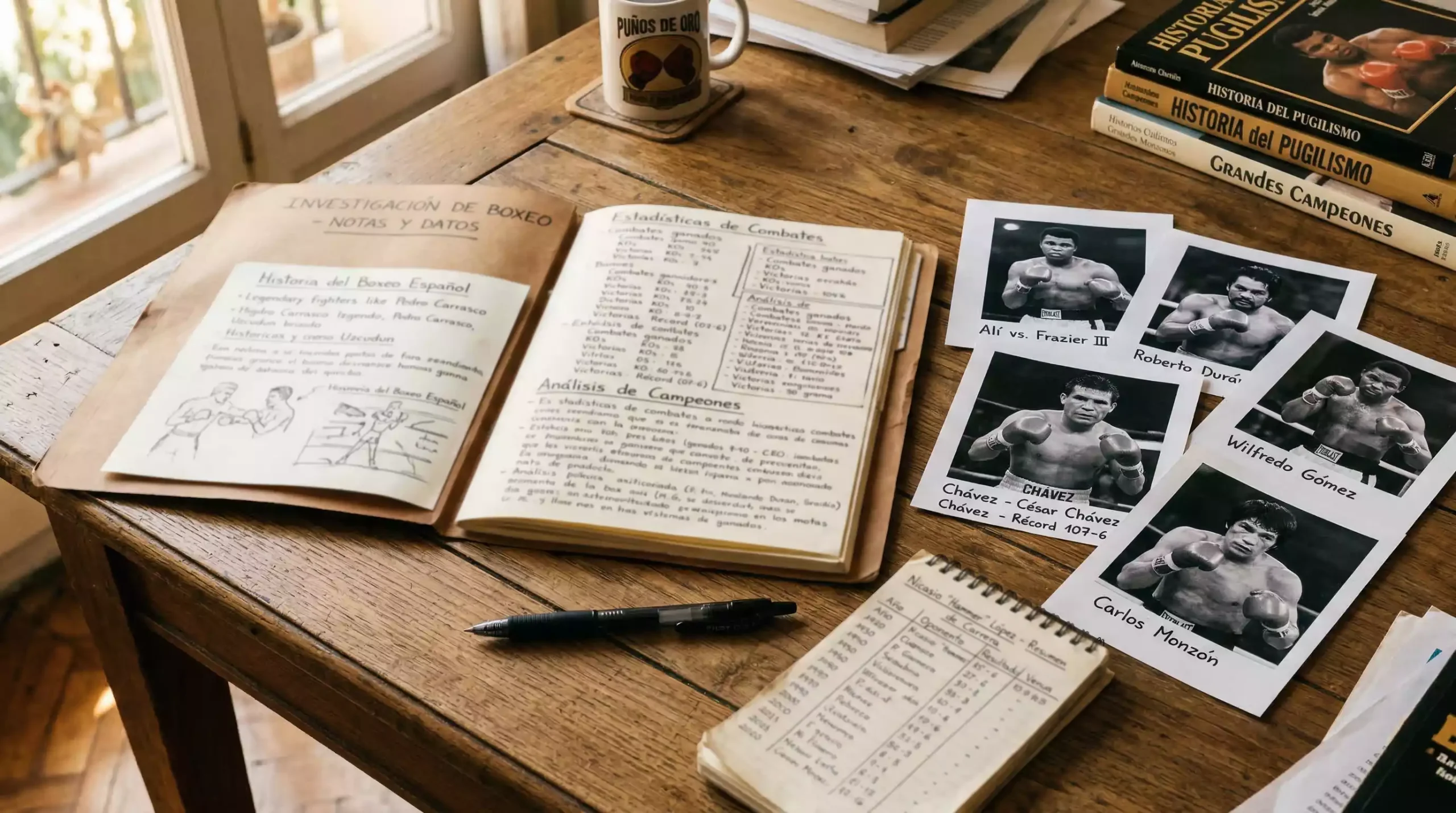 Expediente deportivo abierto sobre una mesa con fotografías de boxeadores y estadísticas escritas