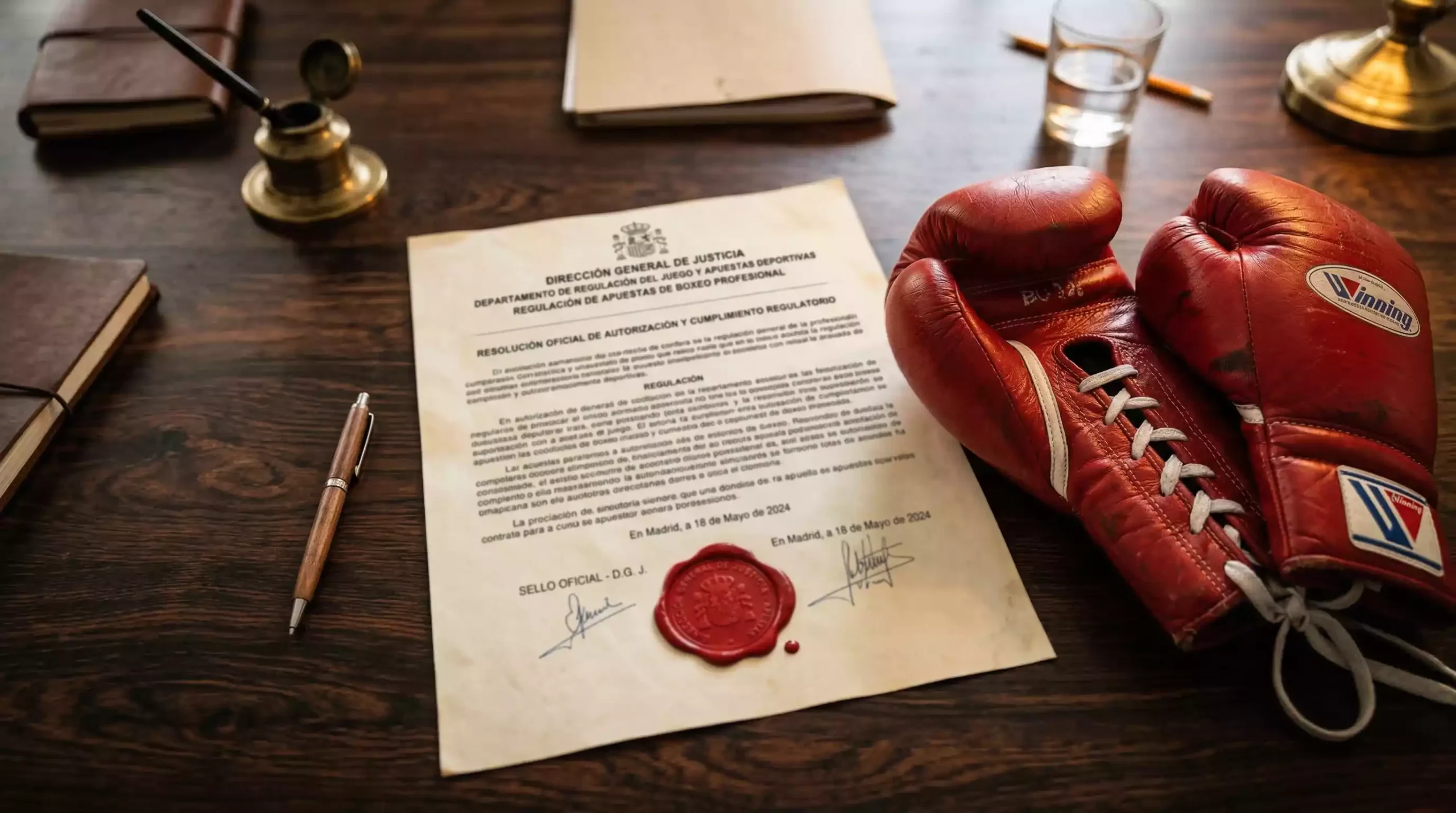 Documento oficial con sello junto a un mazo de juez y la bandera de España de fondo