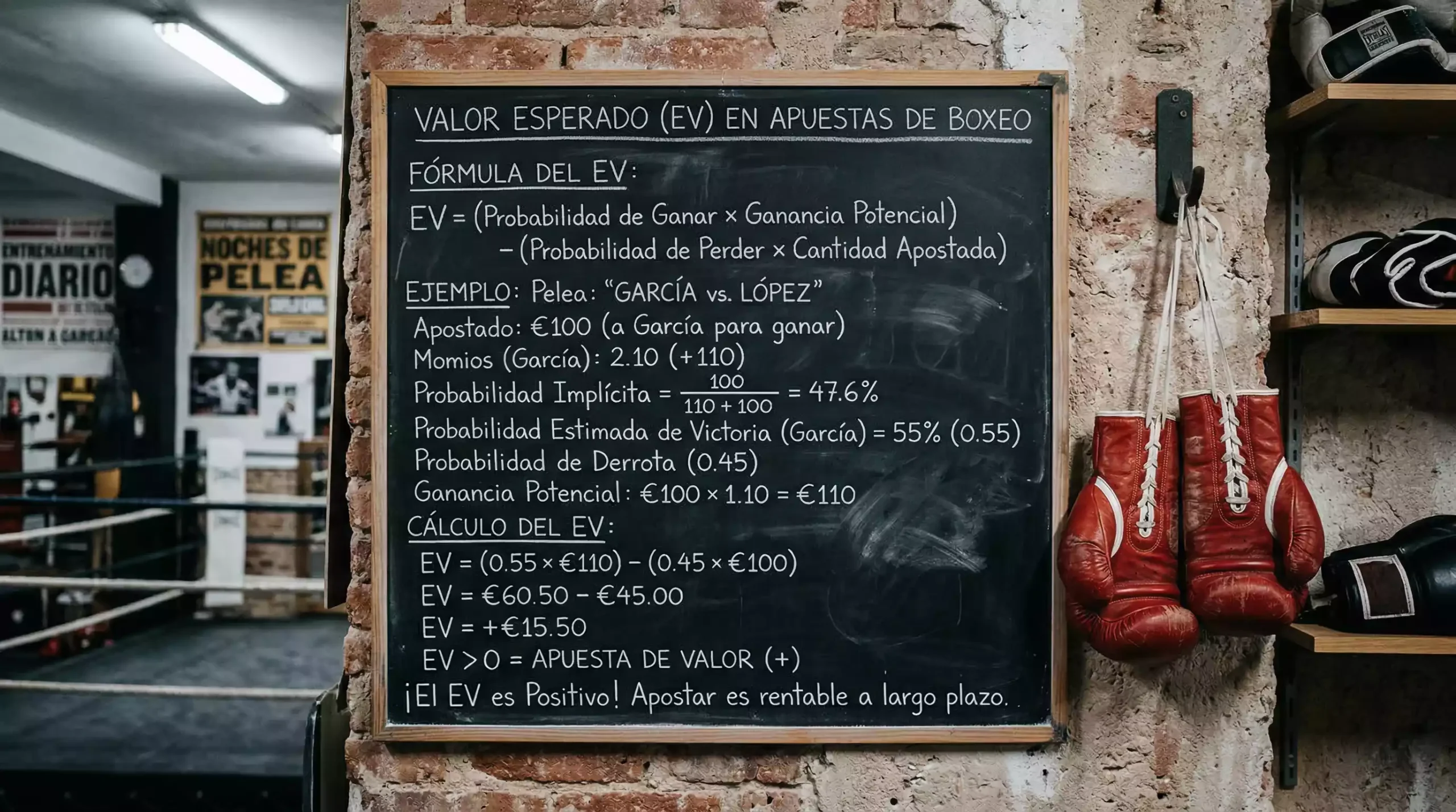 Pizarra con fórmulas matemáticas escritas con tiza blanca junto a unos guantes de boxeo colgados